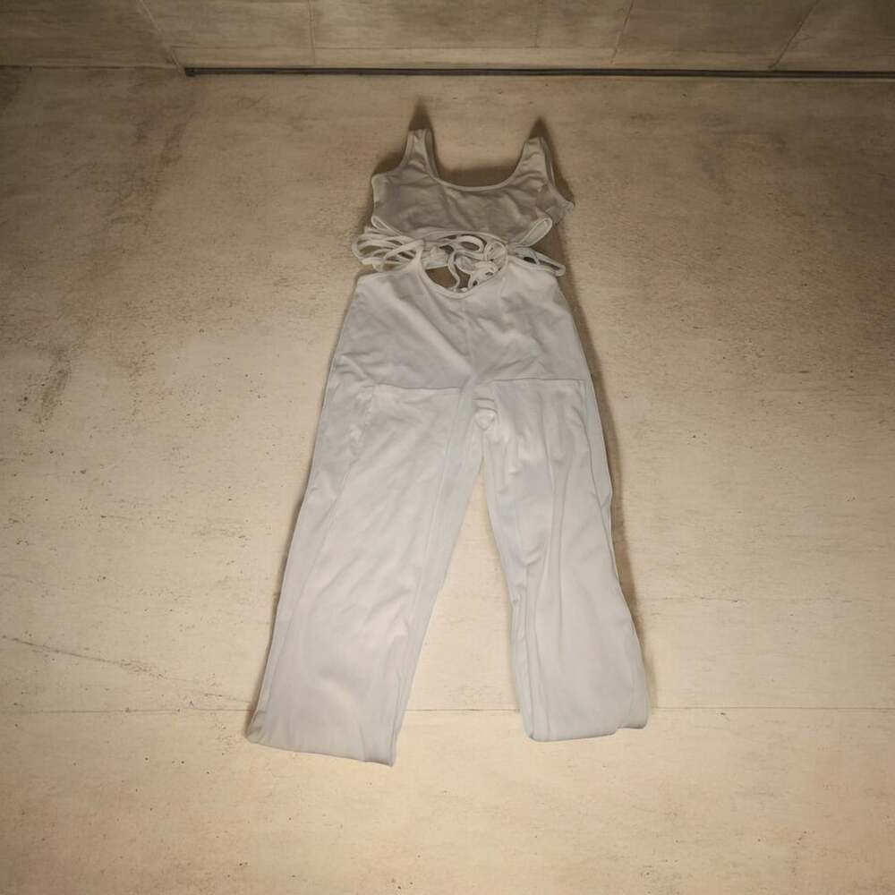 MM Jumpsuit Size L White Ribbed Cut Out Strappy Set